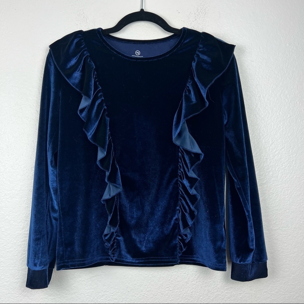 ADRIANO GOLDSCHMIED Blue Velvet Ruffle Top, Size Large